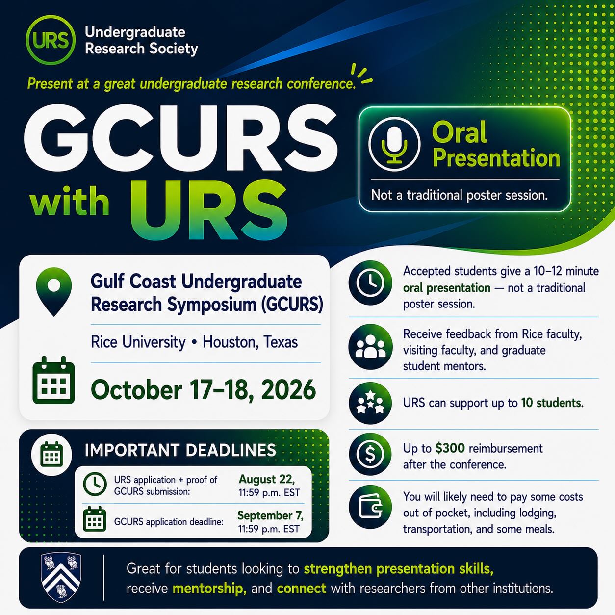 URS is organizing a group to attend the Gulf Coast Undergraduate Research Symposium (GCURS) at Rice University in Houston, Texas - October 17–18, 2026.