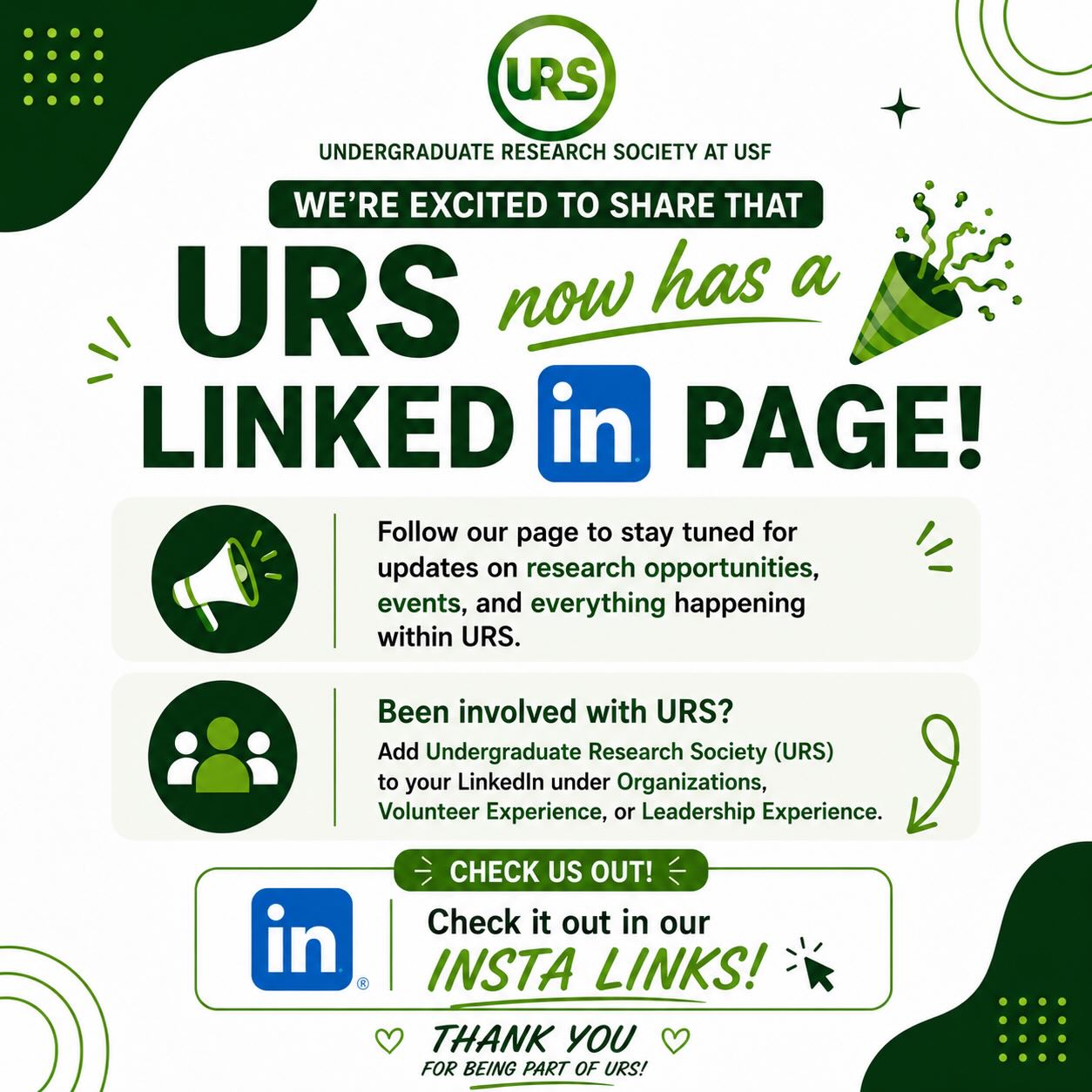 URS now has a LinkedIn page! Follow us for updates on research opportunities, events, and everything happening within URS.