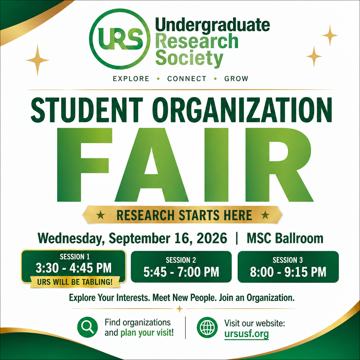 Come visit our table at the Student Org Fair! Meet committee members, ask questions, and learn how to join URS.